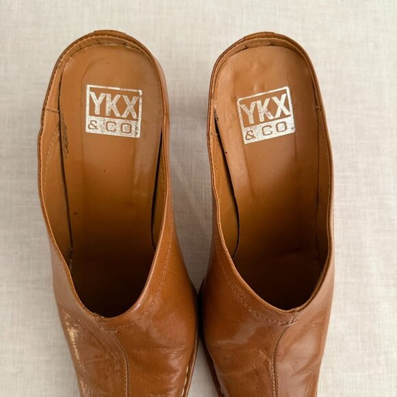 YKX and Co Brown Leather Square Toe Heeled Mules Size 7.5 Shoes - Picture 2 of 12